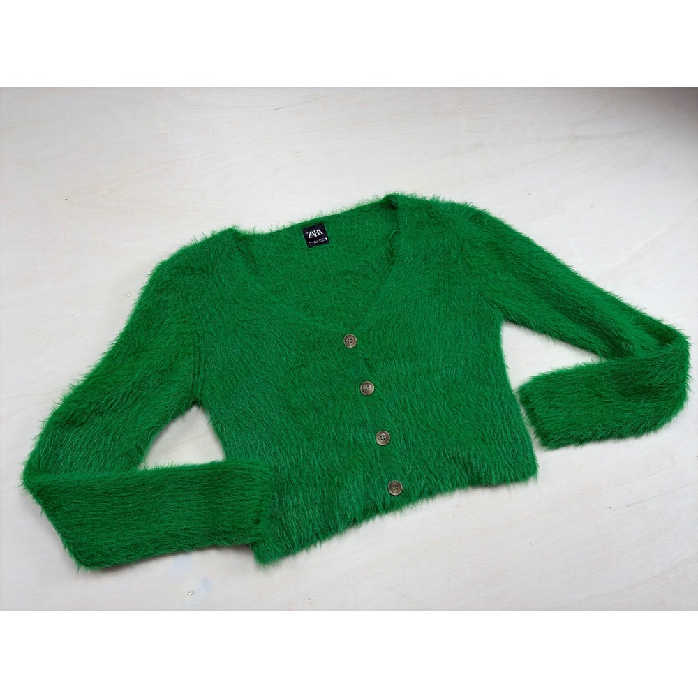 Zara Green Fuzzy Eyelash Knit Cropped Cardigan Sweater Large V-Neck Button Front
